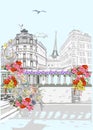 Street with the Eiffel tower and flowers in romantic Paris. Hand drawn vector illustration.